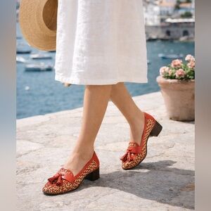 Tory Burch Woven Genuine Leather Tassel Loafers Red Rust Tan Size 8.5 Block Heel